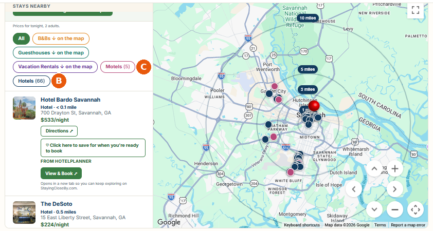 The same results after tapping the farther-out button, with rings out to 10 miles and pink motel pins