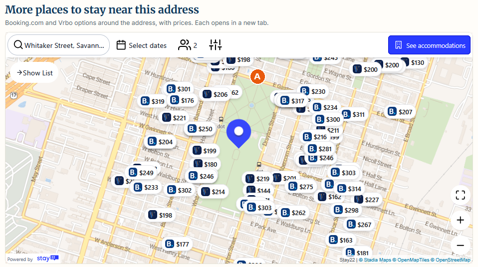 The Booking.com and Vrbo map near Forsyth Park, with a price on every pin