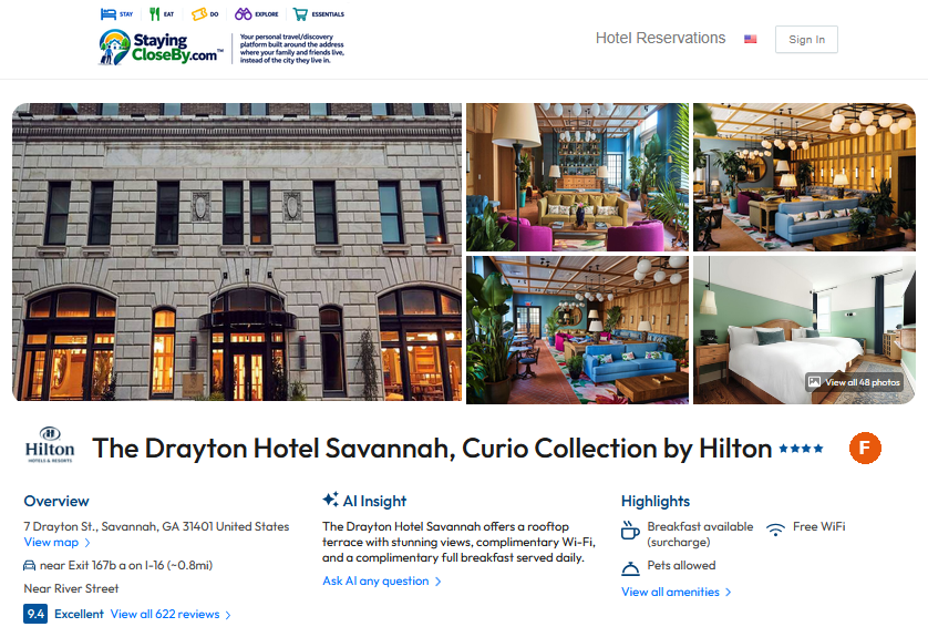 The hotel page on the booking partner's site, showing photos of The Drayton Hotel Savannah, an overview, and guest reviews