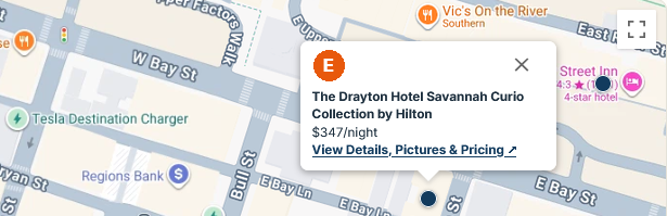 The card that pops up on the map when you click a dot, showing The Drayton Hotel Savannah Curio Collection by Hilton, $347 per night, and a View Details link
