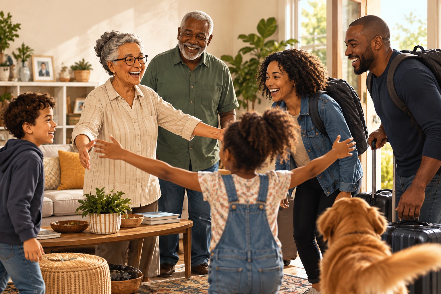 Family welcoming relatives arriving for a visit